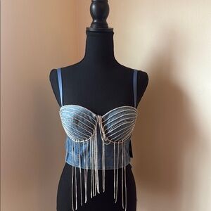 Zara Blue Bustier Crop Top with Fringe and Embellished Design